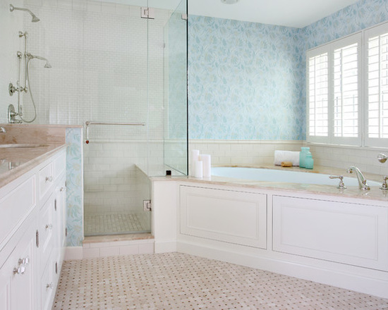 Simple Beauty: Marble and Granite Shower Transitions Photo by <a href="https://www.houzz.com/photos/461812/Traditional-Master-Bathroom-traditional-bathroom-chicago" rel="nofollow">Normandy Remodeling on Houzz.com</a>.