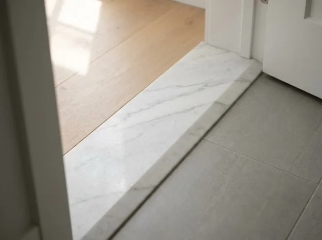 Bianco Dolomiti Marble threshold installed in a doorway between hardwood and tile flooring