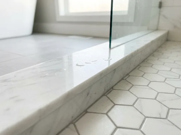 Bianco Dolomiti Marble threshold used as a shower curb in a walk-in shower