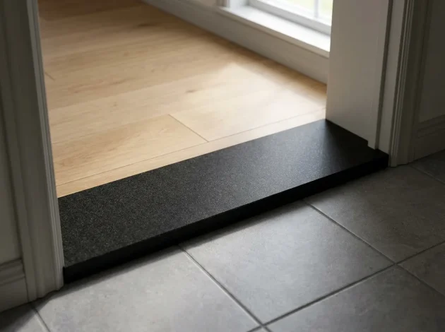 Black Absolute Granite threshold installed in a doorway between hardwood and tile flooring