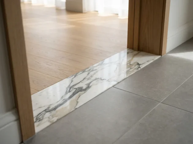 Calacatta Gold Marble threshold installed in a doorway between hardwood and tile flooring