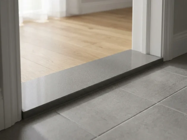 Grey Caesarstone threshold installed in a doorway between hardwood and tile flooring