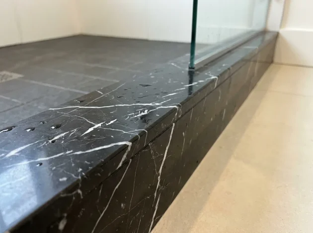 Nero Marquina Marble threshold used as a shower curb in a walk-in shower