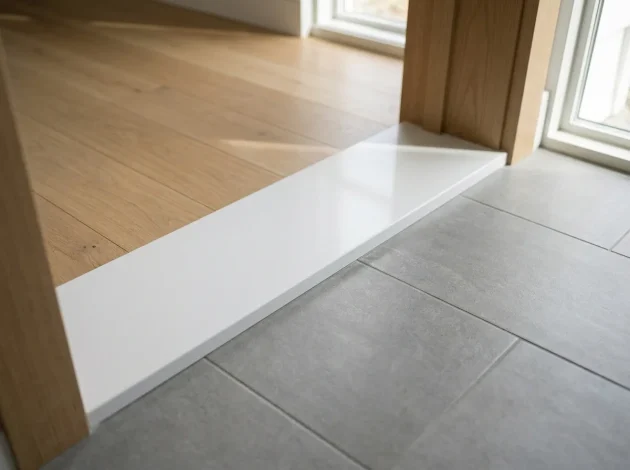 Pure White Quartz threshold installed in a doorway between hardwood and tile flooring