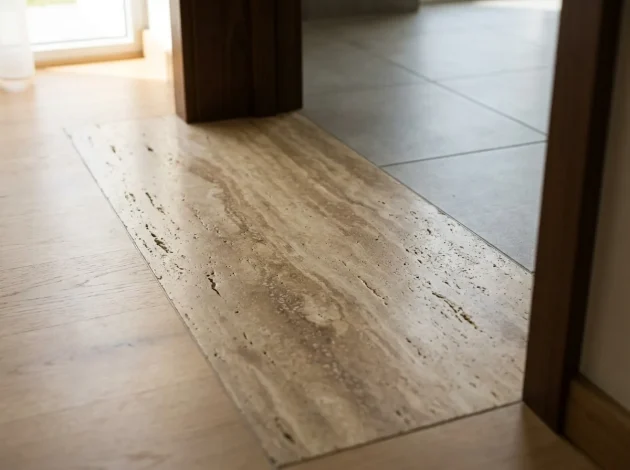 Umbral de travertino instalado en una puerta entre pisos de madera y baldosas