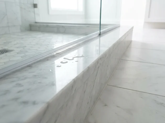 Umbral de mármol blanco de Carrara utilizado como bordillo de ducha en una ducha a ras de suelo